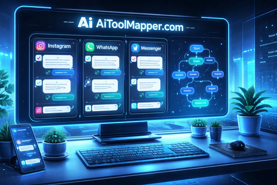 Futuristic SaaS dashboard with chatbot automation - AIToolMapper.com