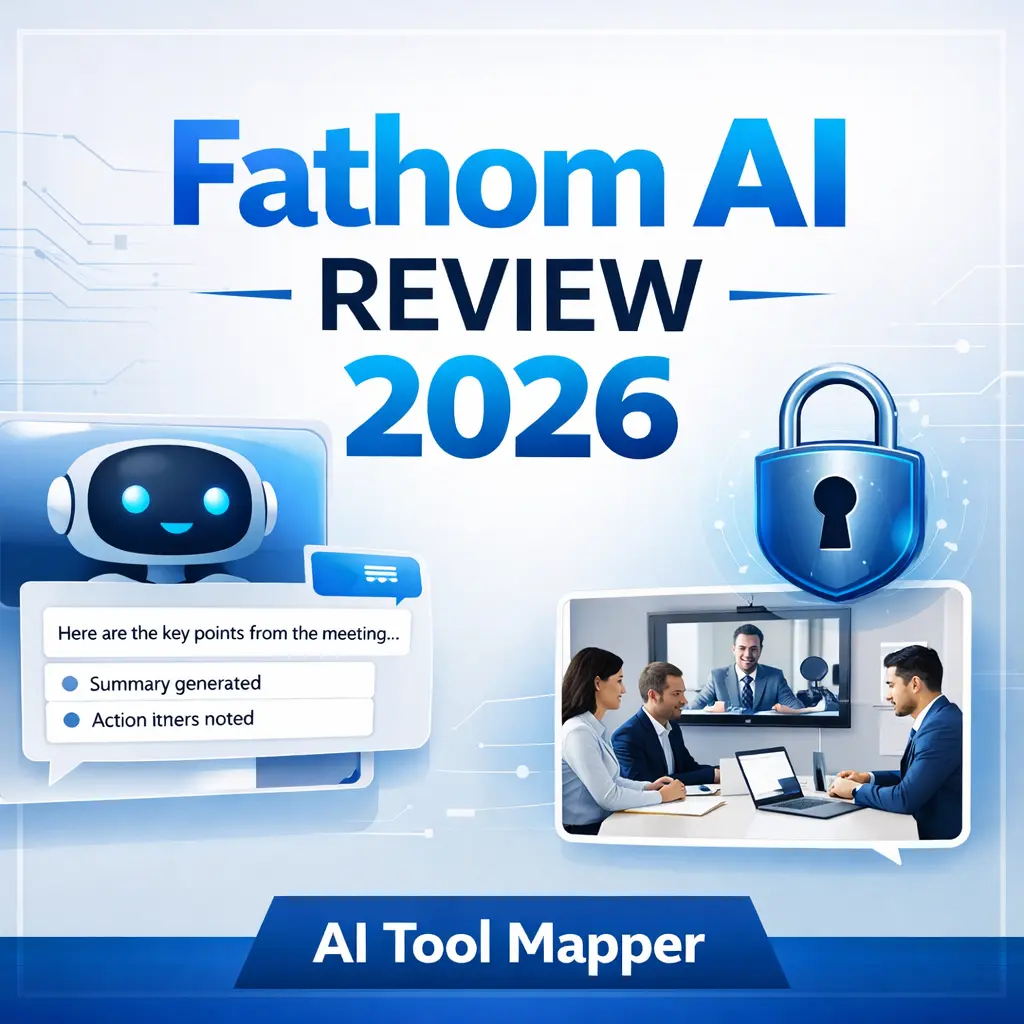 Fathom AI review 2026 social media graphic with AI assistant and security icons