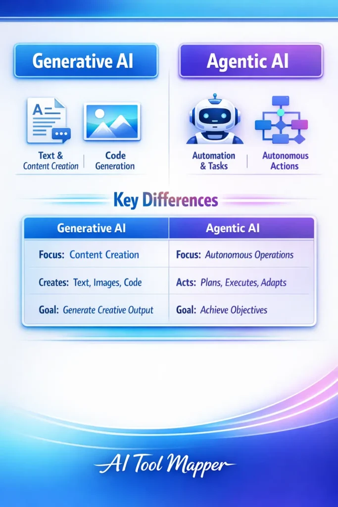 Pinterest infographic showing differences between generative AI and agentic AI
