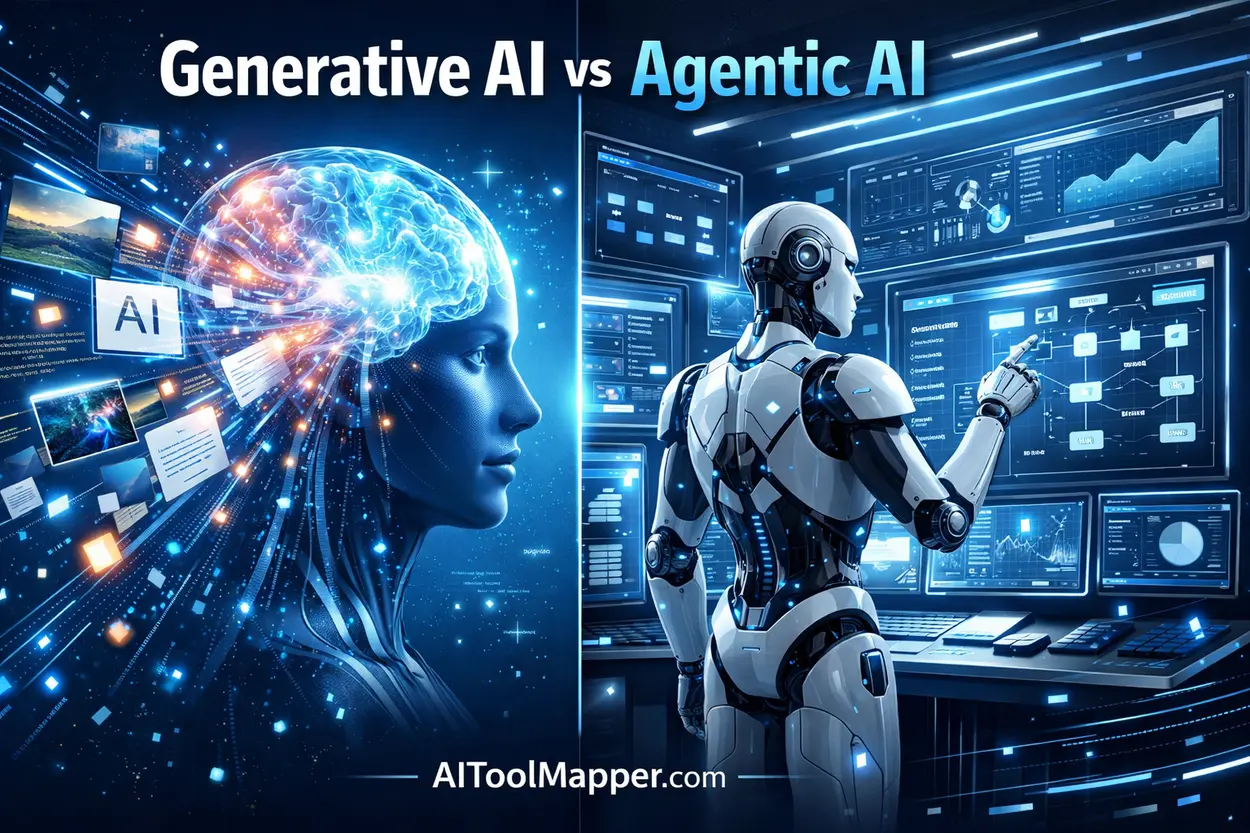 Generative AI vs Agentic AI comparison showing content creation vs automation workflows