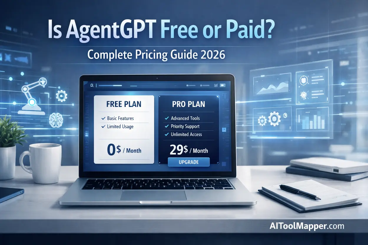 AgentGPT pricing guide 2026 featured image showing free vs paid AI plans comparison with AIToolMapper.com branding