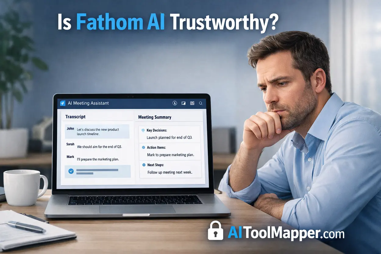 Fathom AI trustworthy review showing AI meeting assistant dashboard with privacy concern