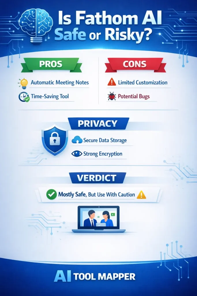Fathom AI safety infographic showing pros cons privacy and trust factors
