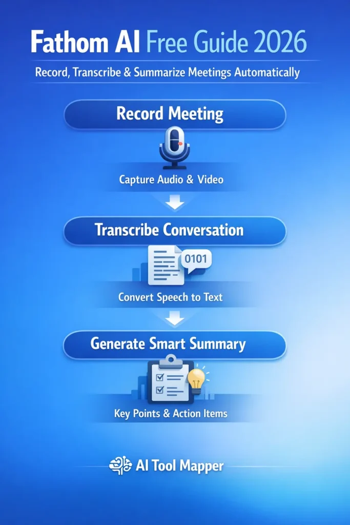 Fathom AI workflow infographic showing recording transcription and summary steps