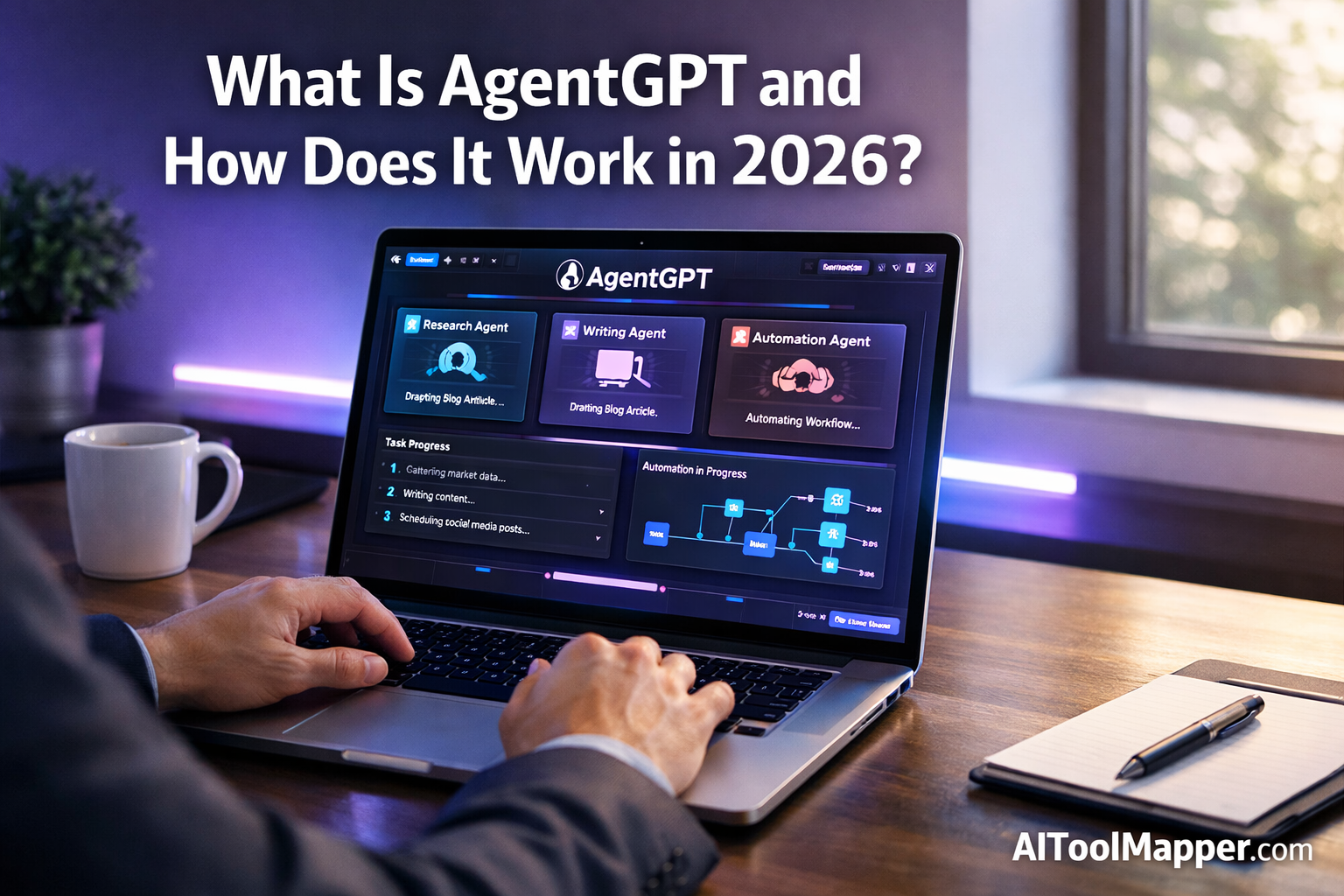 AgentGPT dashboard with autonomous AI agents working on tasks in a modern workspace 2026