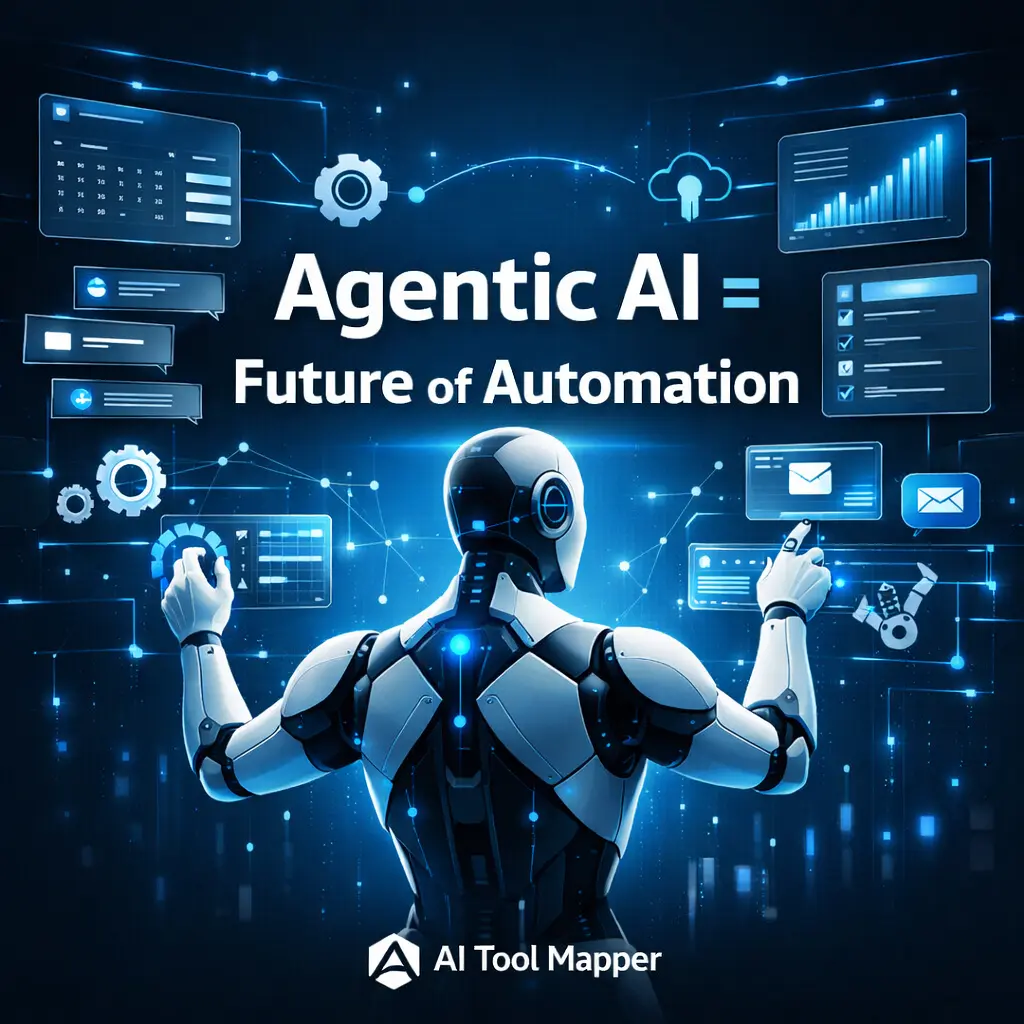Futuristic agentic AI automation concept showing intelligent systems managing tasks