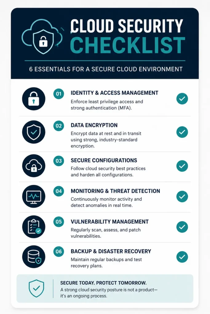 Cloud security checklist for protecting cloud infrastructure, data, applications, and user access