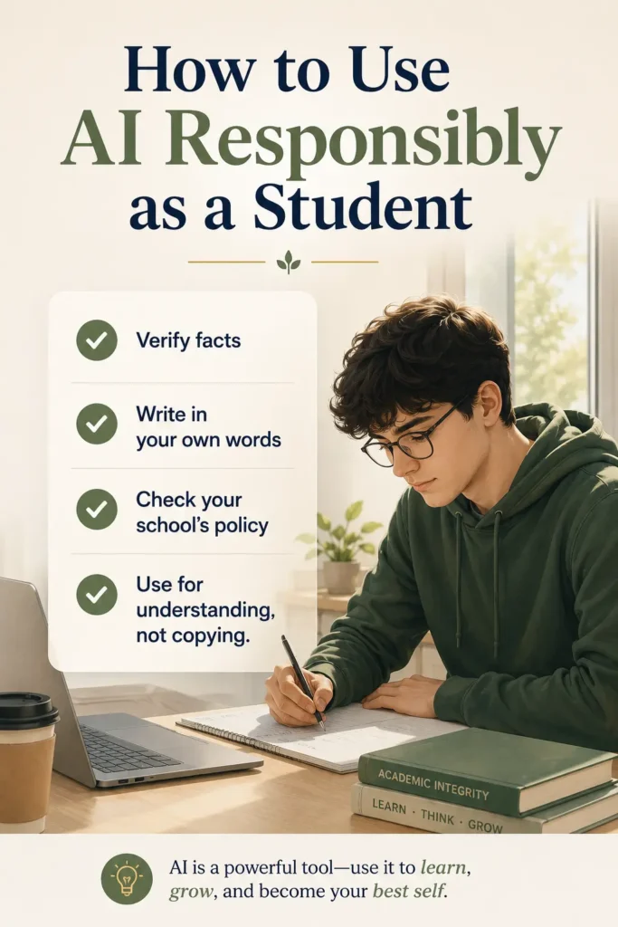 Guide showing responsible AI usage for students including ethical learning, fact-checking, and academic integrity