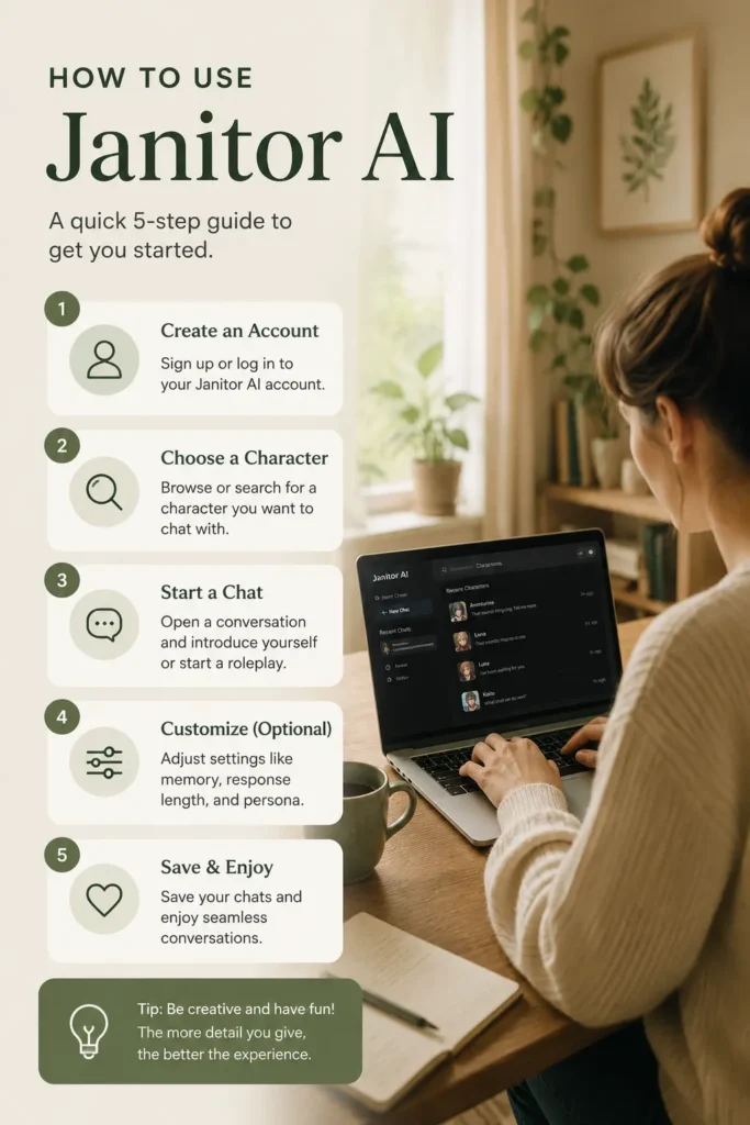 How to use Janitor AI chatbot platform with step-by-step setup and character chat guide