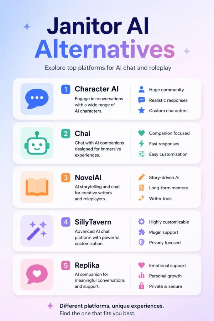 Best Janitor AI alternatives for AI chatbots roleplay and conversational AI platforms