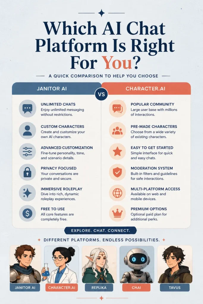 Comparison of Janitor AI alternatives for AI chatbot and character roleplay platforms