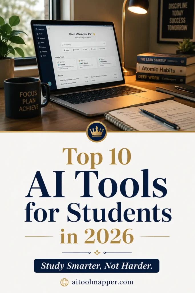Pinterest infographic featuring the top 10 AI tools for students in 2026